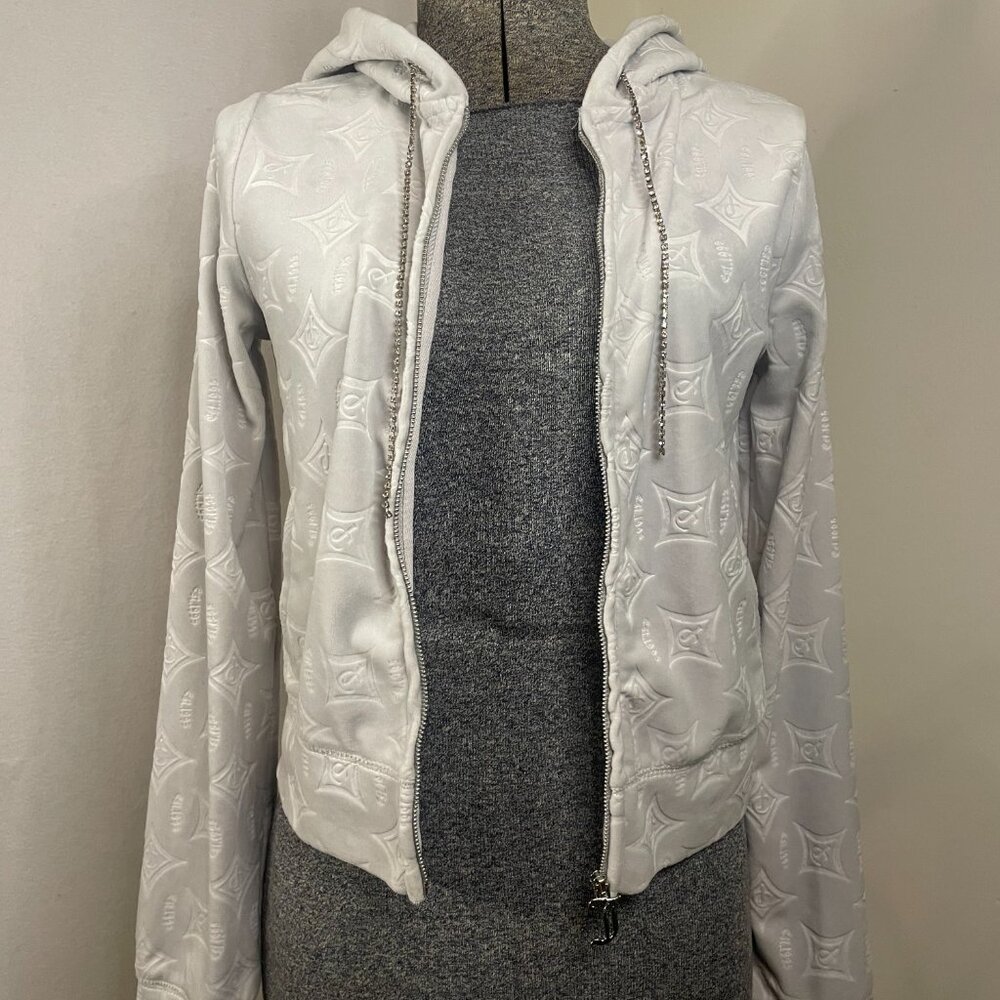 Juicy Couture gray embossed velour zip-front hoodie w/rhinestone details - Picture 3 of 12